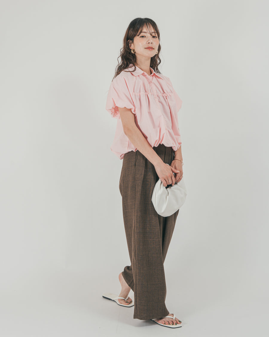 ［SET］バルーンShirringハーフスリーブシャツ + スラブTweedタックワイドパンツ（2SET）