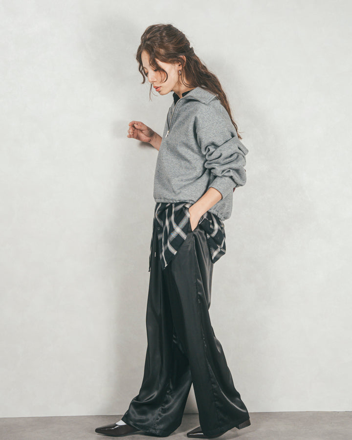 ［SET］裏起毛ハーフZipスウェット+Looseチェックシャツ+Relaxサテンパンツ
