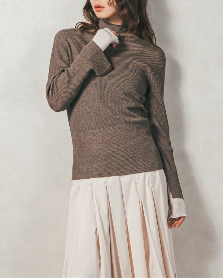 袖レイヤードラメリブタートルニット (KHAKI)