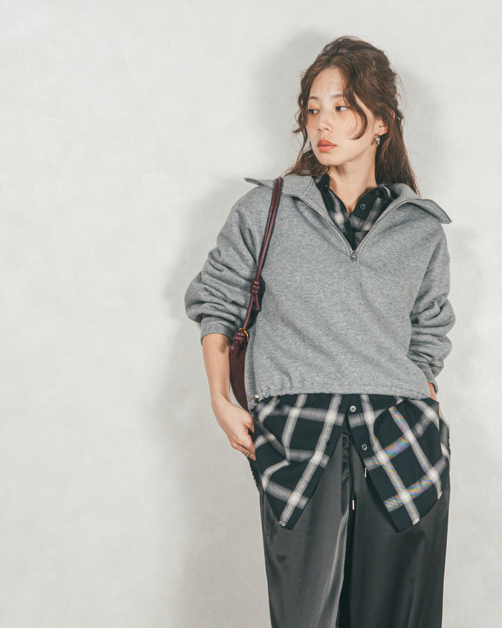 ［SET］裏起毛ハーフZipスウェット+Looseチェックシャツ+Relaxサテンパンツ