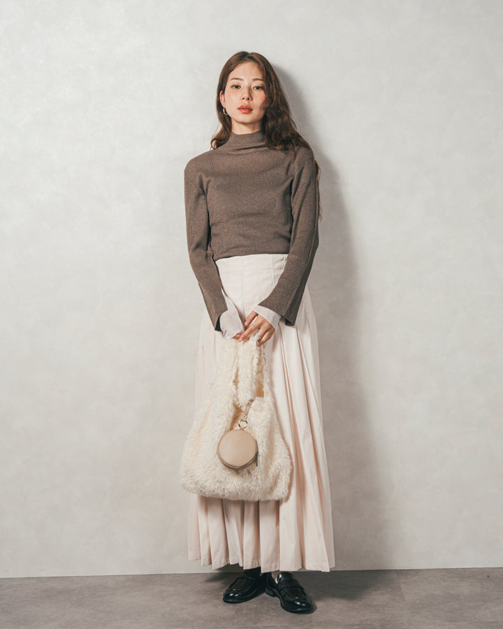 ［SET］袖レイヤードラメリブタートルニット+すっきり見えカップ付きキャミ+W-Tuckプリーツロングスカート（3SET）