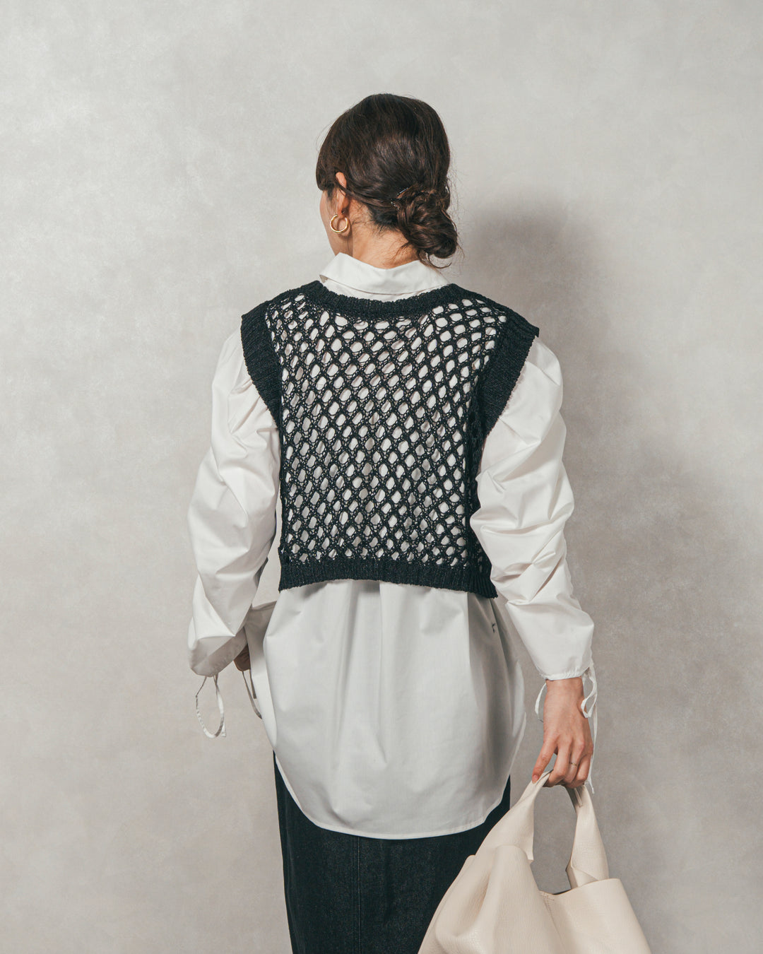 ［SET］ブロード袖ドロストデザインブラウス+2-Way Uネックメッシュニットベスト+フロントスリット Iラインデニムスカート（3SET）