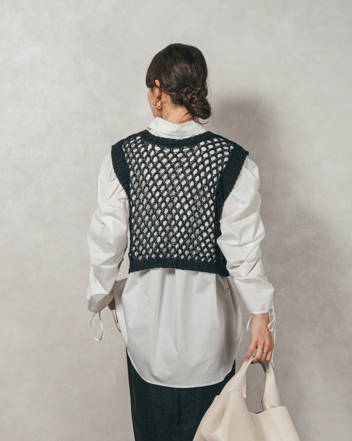 ［SET］ブロード袖ドロストデザインブラウス+2-Way Uネックメッシュニットベスト+フロントスリット Iラインデニムスカート（3SET）