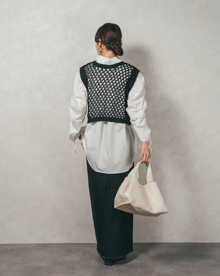 ［SET］ブロード袖ドロストデザインブラウス+2-Way Uネックメッシュニットベスト+フロントスリット Iラインデニムスカート（3SET）