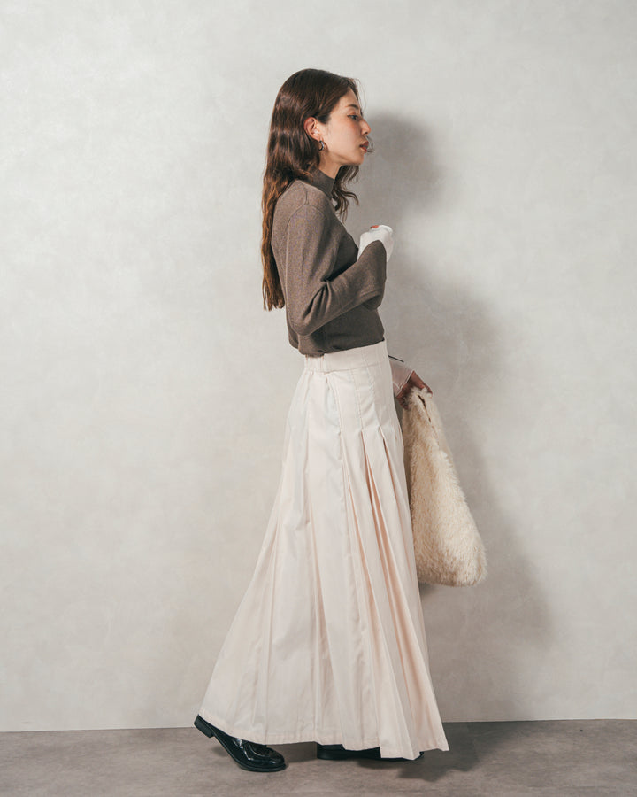 ［SET］袖レイヤードラメリブタートルニット+すっきり見えカップ付きキャミ+W-Tuckプリーツロングスカート（3SET）