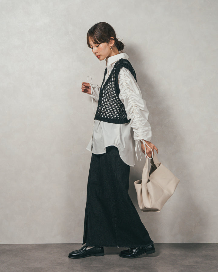 ［SET］ブロード袖ドロストデザインブラウス+2-Way Uネックメッシュニットベスト+フロントスリット Iラインデニムスカート（3SET）