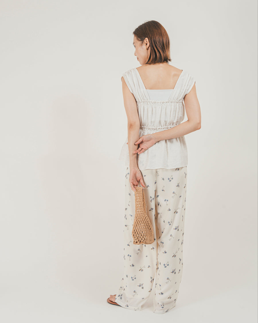 ［SET］リネンタッチShirringリボンブラウス + Flowerプリントイージーパンツ（2SET）