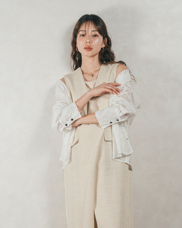 ［SET］デニムライク へリンボーンサロペット + Blockレース　フーディーブラウス（2SET）