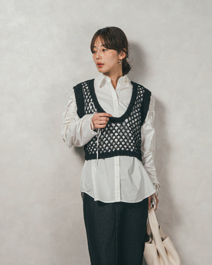 ［SET］ブロード袖ドロストデザインブラウス+2-Way Uネックメッシュニットベスト+フロントスリット Iラインデニムスカート（3SET）