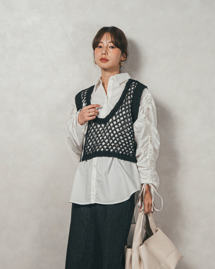 ［SET］ブロード袖ドロストデザインブラウス+2-Way Uネックメッシュニットベスト+フロントスリット Iラインデニムスカート（3SET）