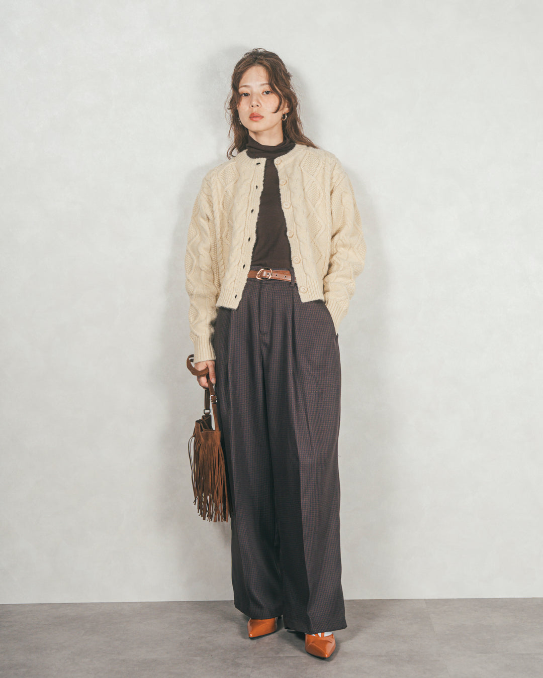 ［SET］ケーブルKnitクルーカーディガン+メランジチェックStraightパンツ（2SET）