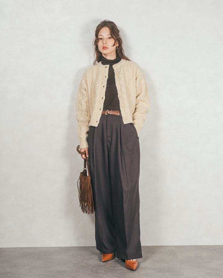 ［SET］ケーブルKnitクルーカーディガン+メランジチェックStraightパンツ（2SET）