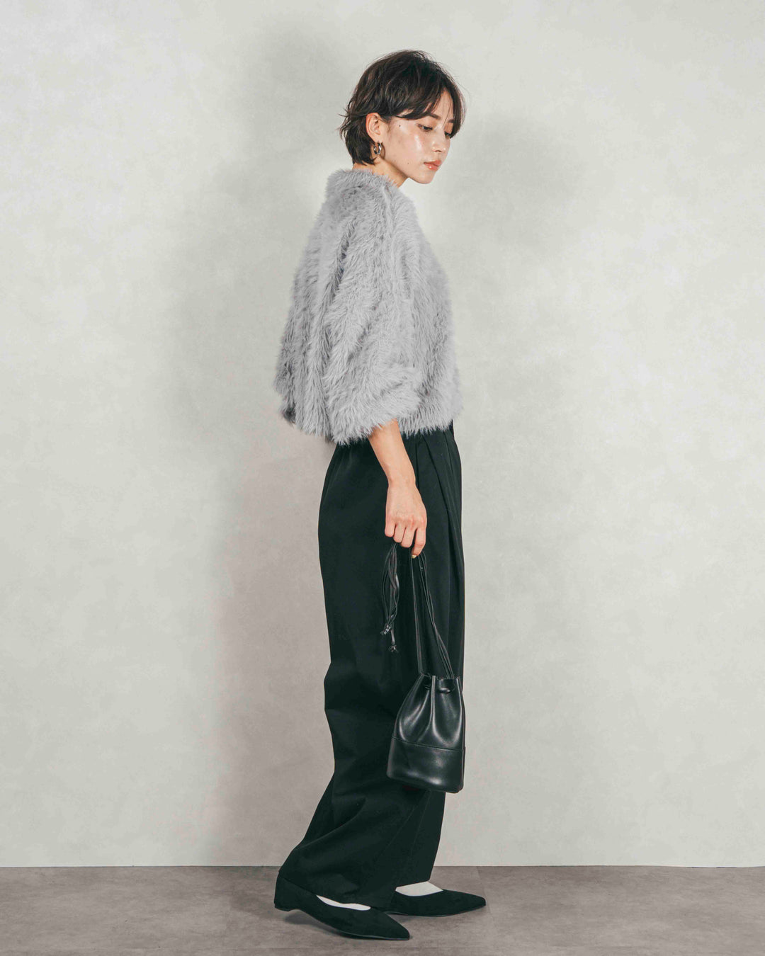 ［SET］フェザーヤーン 衿付きカーディガン+サイドタックコクーンパンツ（2SET）