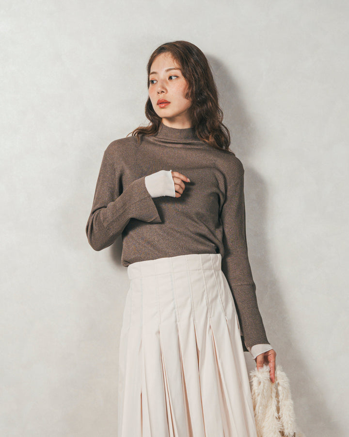 ［SET］袖レイヤードラメリブタートルニット+すっきり見えカップ付きキャミ+W-Tuckプリーツロングスカート（3SET）