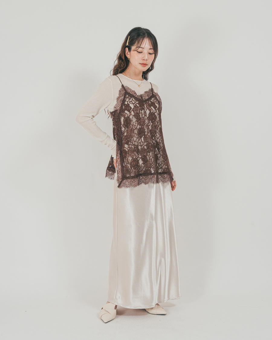 ［SET］ラッセルレース キャミ + ボートネックSheerリブニット + サテンNarrowスカート（3SET）