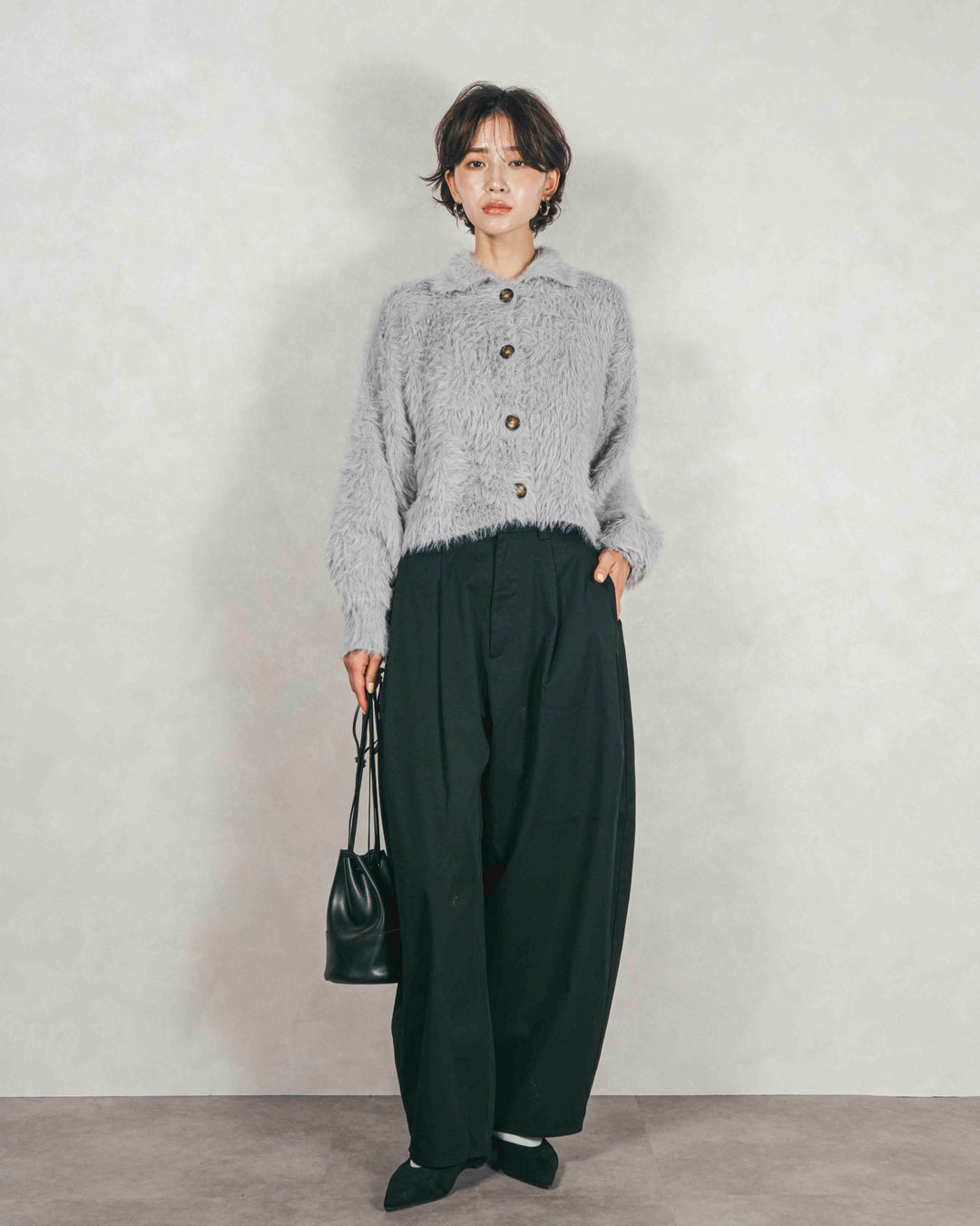 ［SET］フェザーヤーン 衿付きカーディガン+サイドタックコクーンパンツ（2SET）