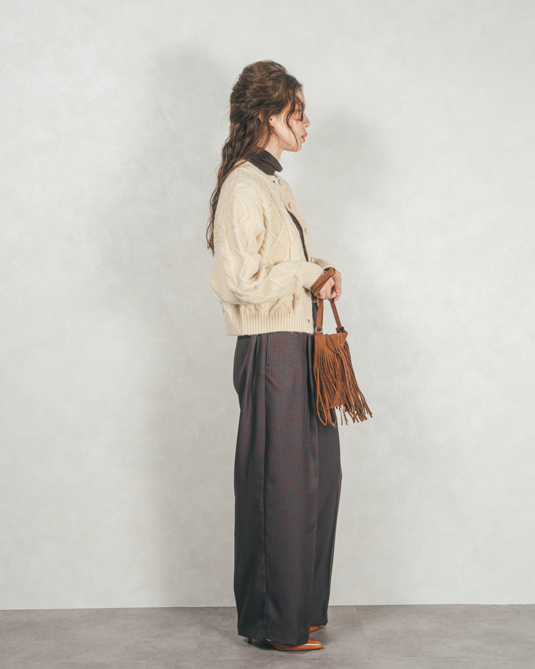 ［SET］ケーブルKnitクルーカーディガン+メランジチェックStraightパンツ（2SET）