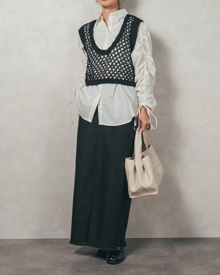 ［SET］ブロード袖ドロストデザインブラウス+2-Way Uネックメッシュニットベスト+フロントスリット Iラインデニムスカート（3SET）