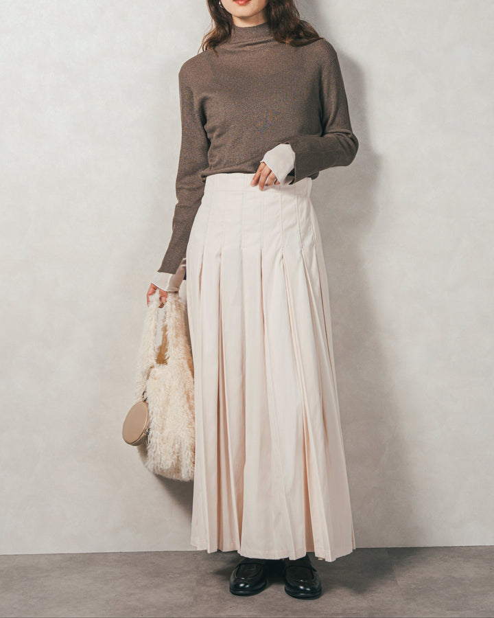 ［SET］袖レイヤードラメリブタートルニット+すっきり見えカップ付きキャミ+W-Tuckプリーツロングスカート（3SET）