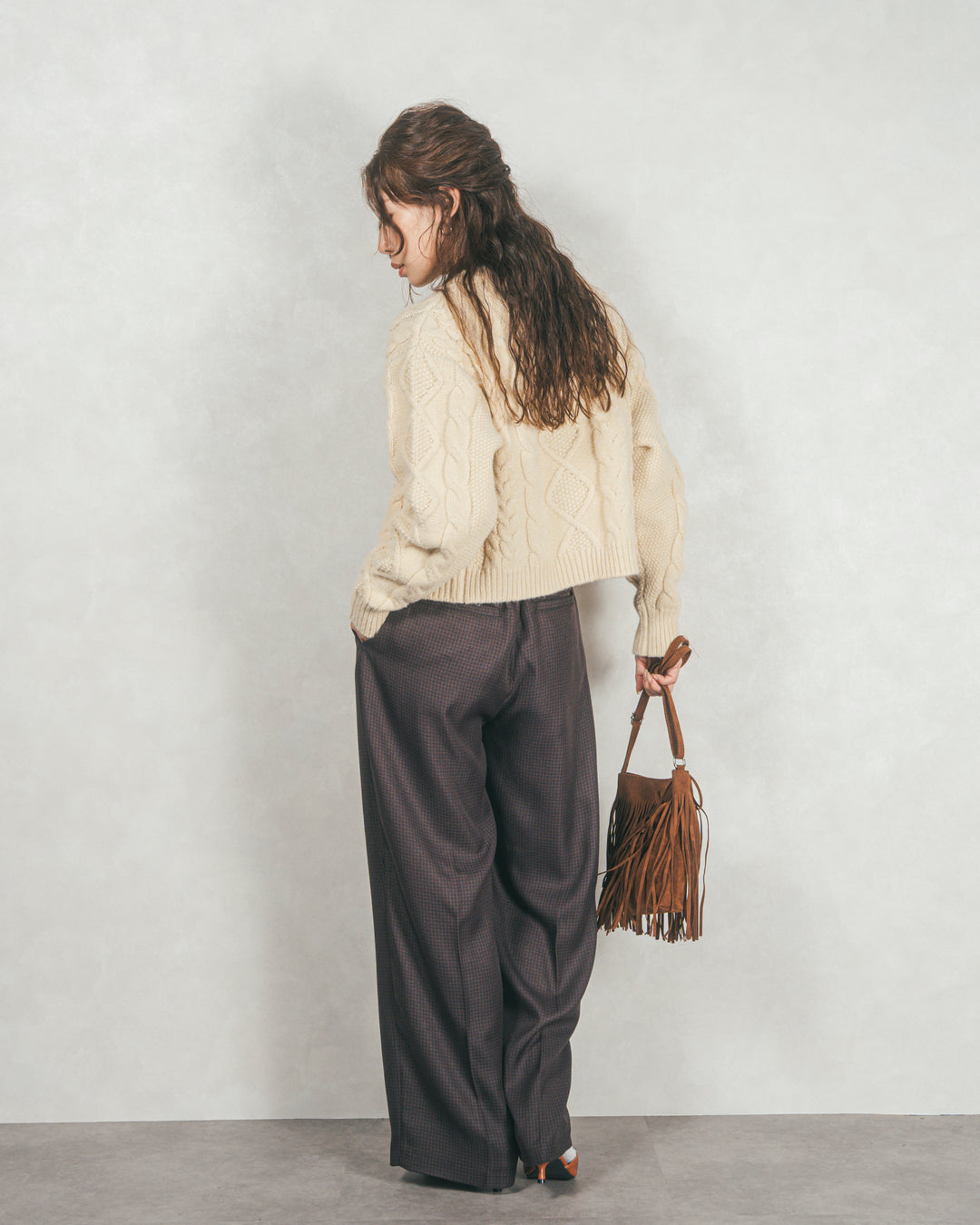 ［SET］ケーブルKnitクルーカーディガン+メランジチェックStraightパンツ（2SET）