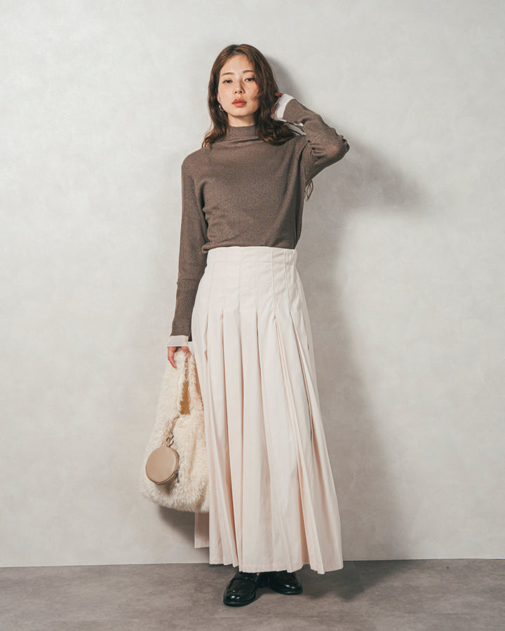 ［SET］袖レイヤードラメリブタートルニット+すっきり見えカップ付きキャミ+W-Tuckプリーツロングスカート（3SET）
