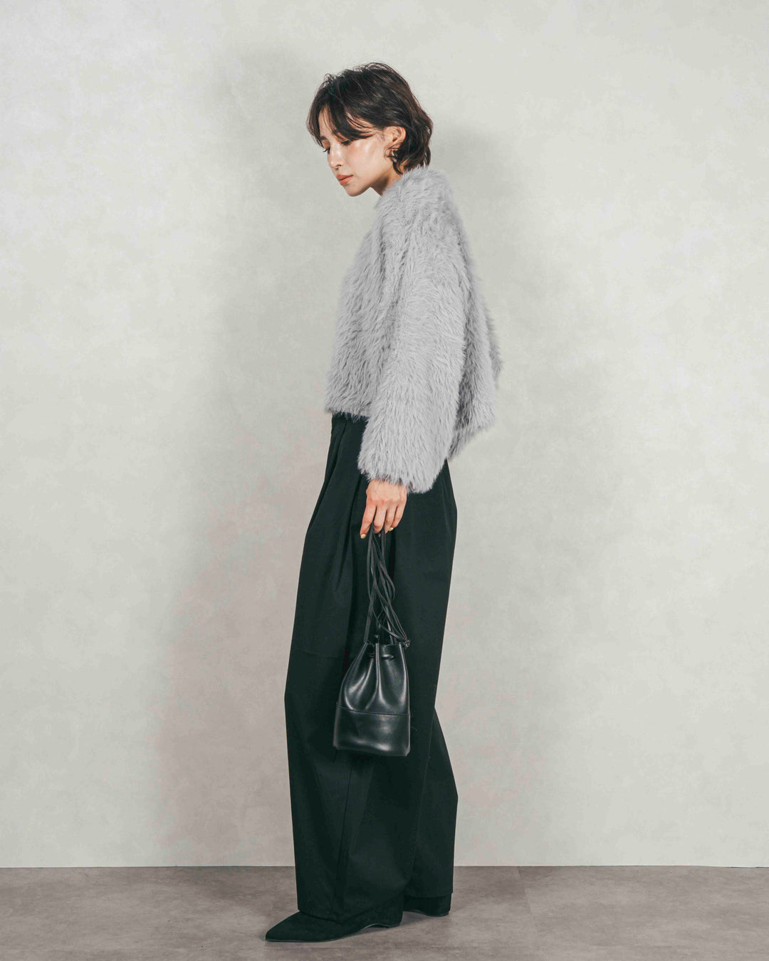 ［SET］フェザーヤーン 衿付きカーディガン+サイドタックコクーンパンツ（2SET）