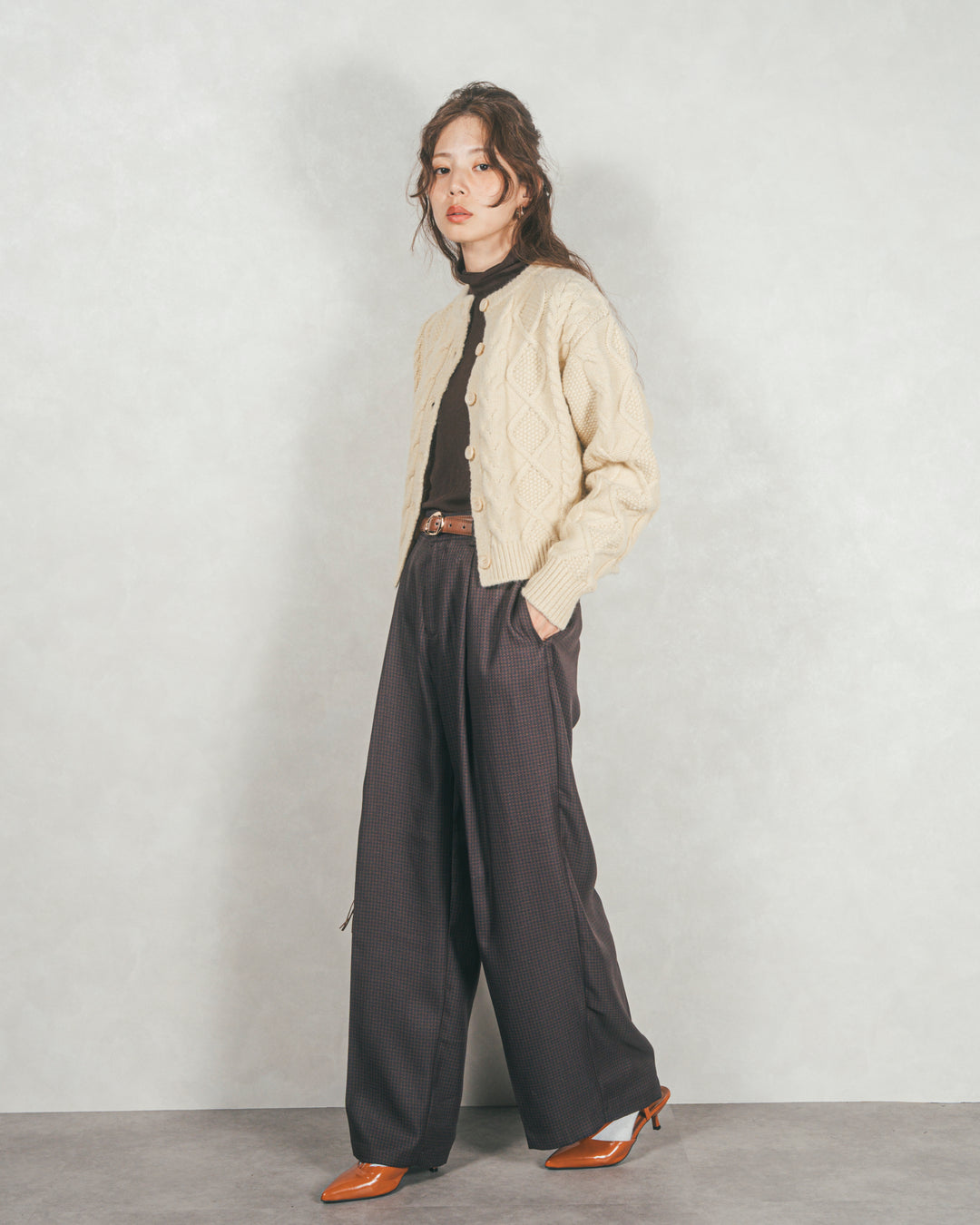 ［SET］ケーブルKnitクルーカーディガン+メランジチェックStraightパンツ（2SET）