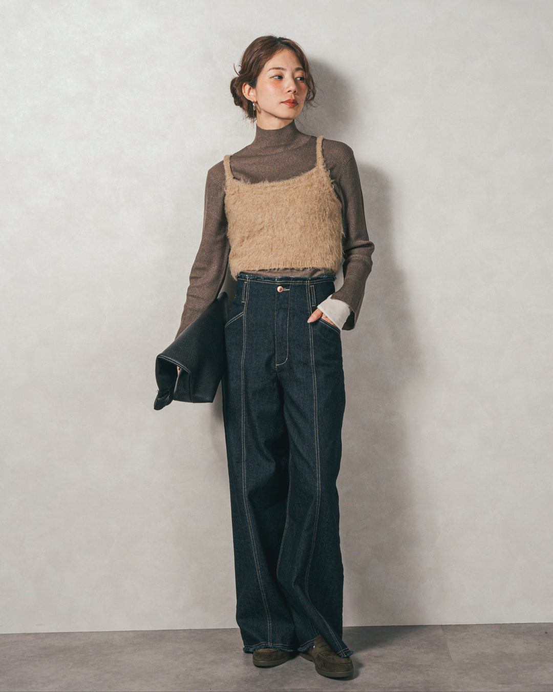 ［SET］袖レイヤードラメリブタートルニット+モヘアタッチKnitビスチェ+センターシーム リラックスカラーデニム（3SET）