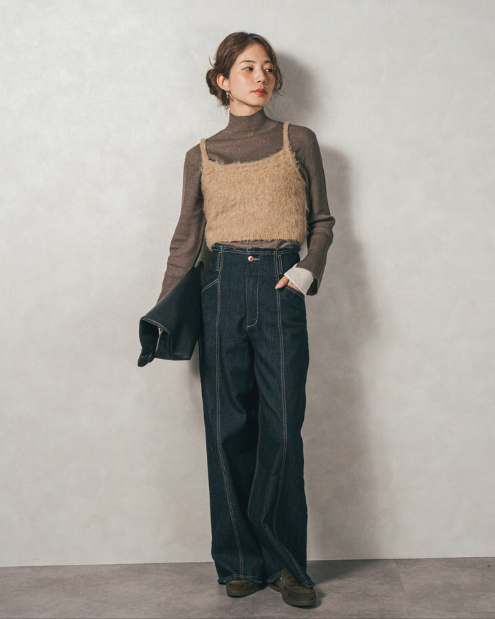 ［SET］袖レイヤードラメリブタートルニット+モヘアタッチKnitビスチェ+センターシーム リラックスカラーデニム（3SET）