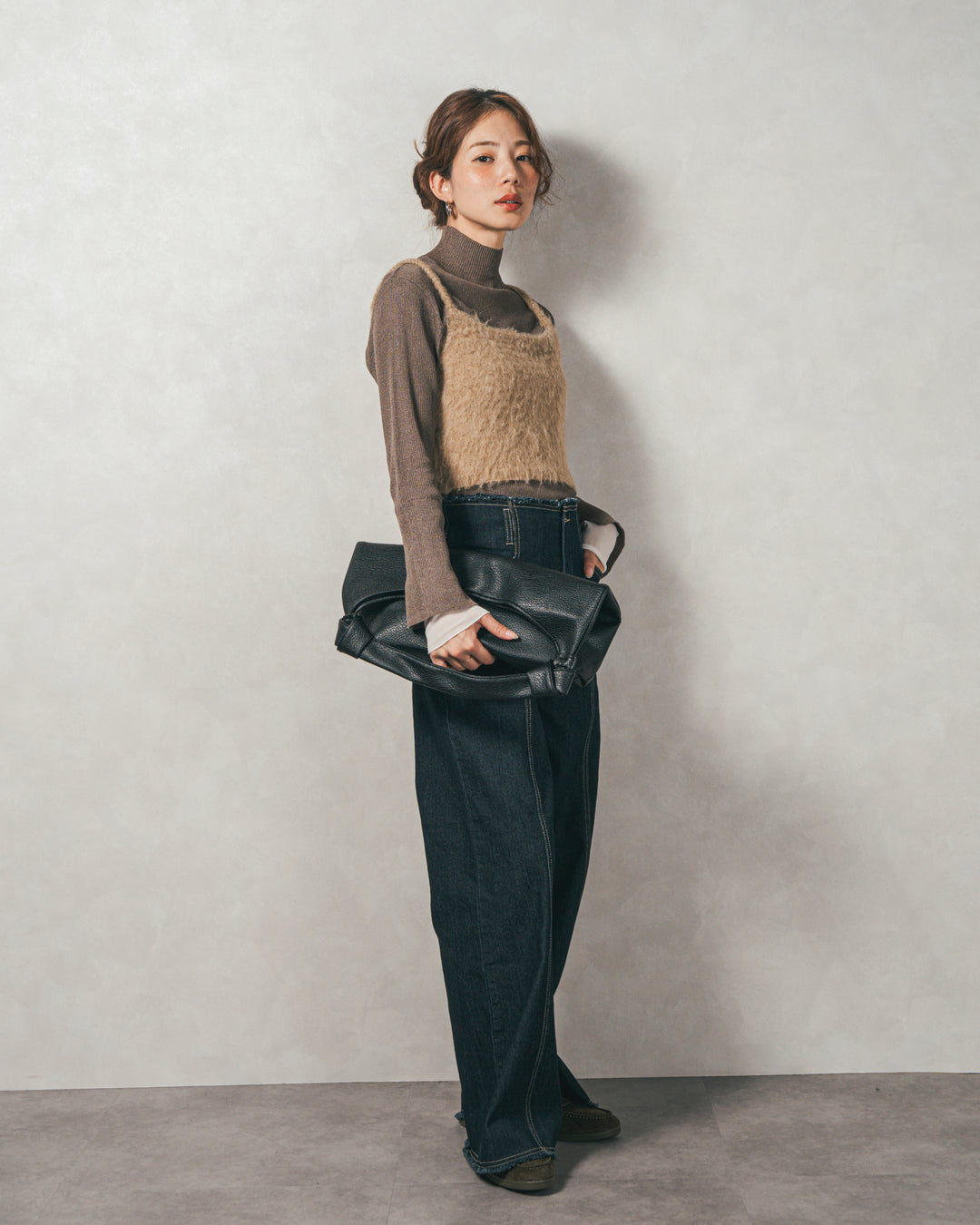 ［SET］袖レイヤードラメリブタートルニット+モヘアタッチKnitビスチェ+センターシーム リラックスカラーデニム（3SET）