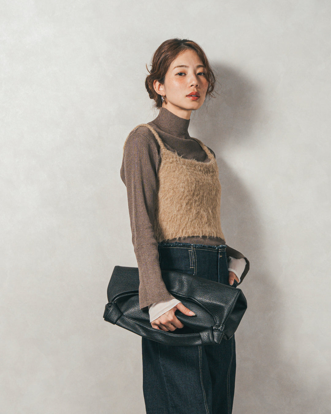 ［SET］袖レイヤードラメリブタートルニット+モヘアタッチKnitビスチェ+センターシーム リラックスカラーデニム（3SET）