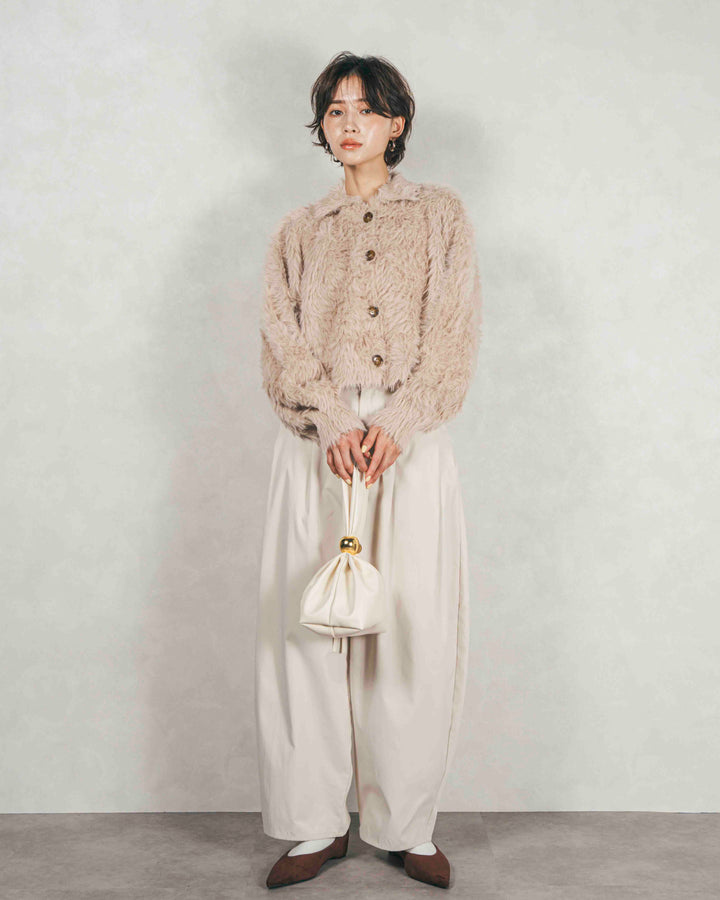 ［SET］フェザーヤーン 衿付きカーディガン+サイドタックコクーンパンツ（2SET）