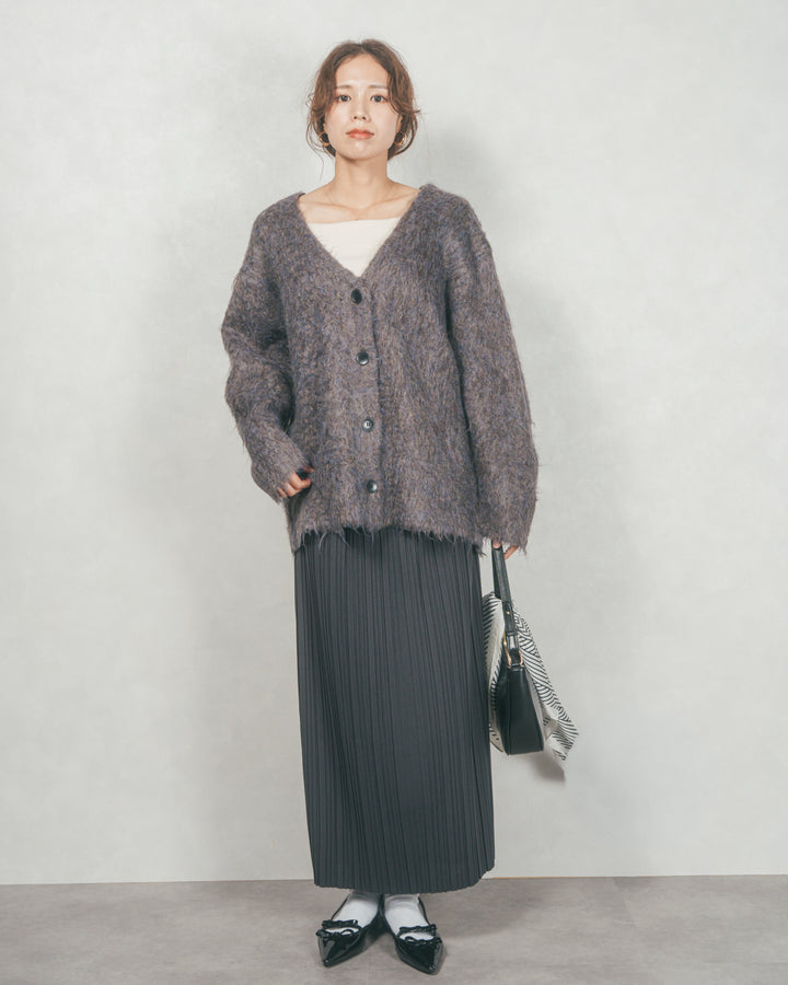 ［SET］Airyフェザー ニットカーディガン+プリーツNarrowロングスカート（2SET）