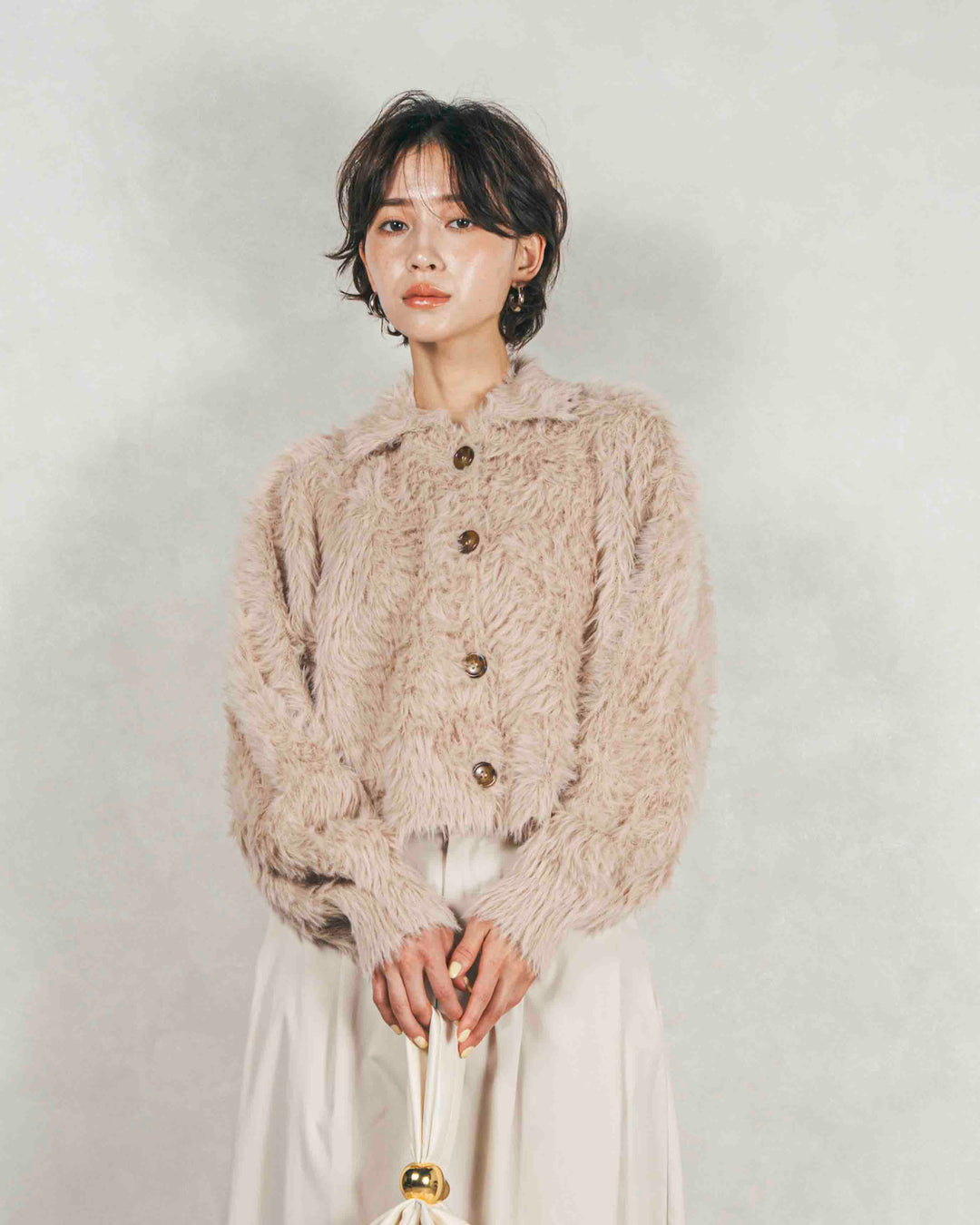 ［SET］フェザーヤーン 衿付きカーディガン+サイドタックコクーンパンツ（2SET）