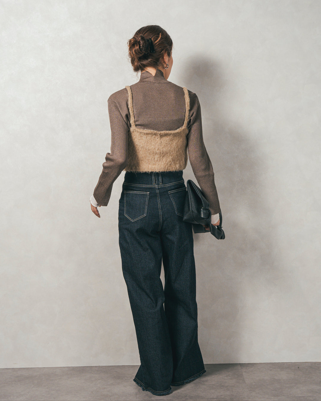 ［SET］袖レイヤードラメリブタートルニット+モヘアタッチKnitビスチェ+センターシーム リラックスカラーデニム（3SET）