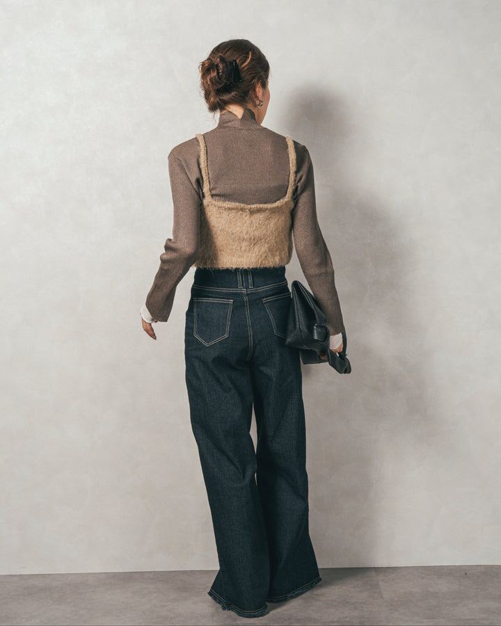 ［SET］袖レイヤードラメリブタートルニット+モヘアタッチKnitビスチェ+センターシーム リラックスカラーデニム（3SET）