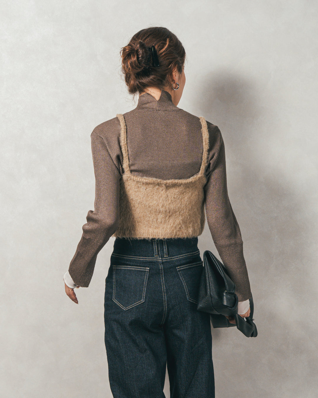 ［SET］袖レイヤードラメリブタートルニット+モヘアタッチKnitビスチェ+センターシーム リラックスカラーデニム（3SET）