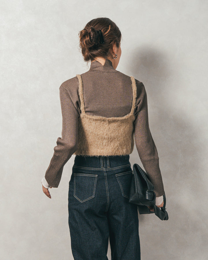 ［SET］袖レイヤードラメリブタートルニット+モヘアタッチKnitビスチェ+センターシーム リラックスカラーデニム（3SET）