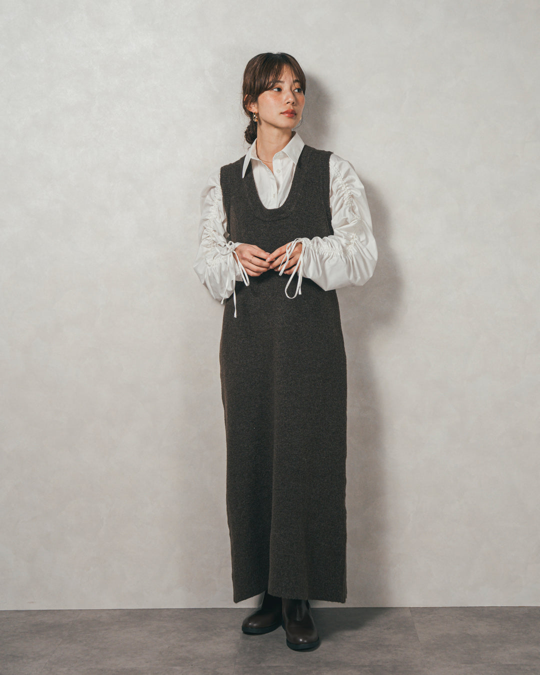 ［SET］ブロード袖ドロストデザインブラウス+メランジKnitロングワンピース（2SET）