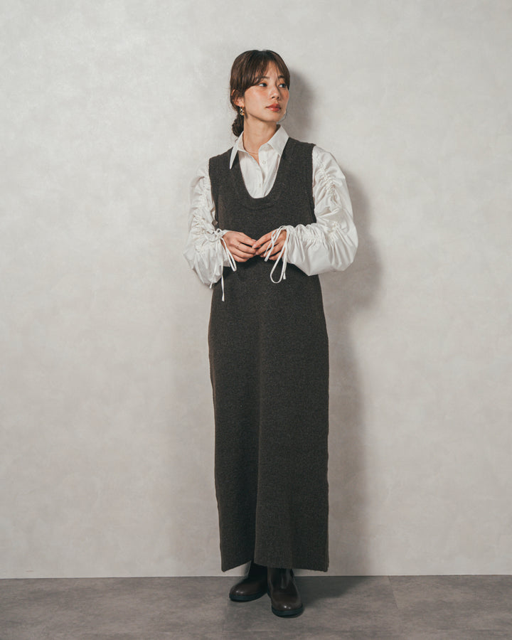 ［SET］ブロード袖ドロストデザインブラウス+メランジKnitロングワンピース（2SET）