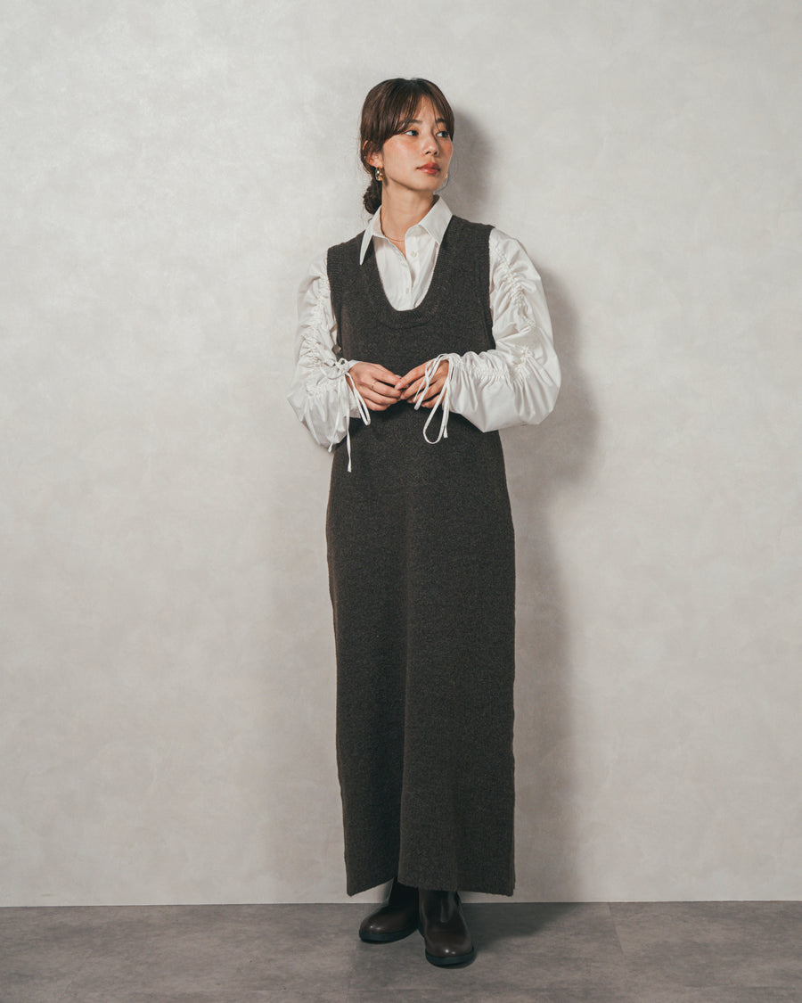 ［SET］ブロード袖ドロストデザインブラウス+メランジKnitロングワンピース（2SET）