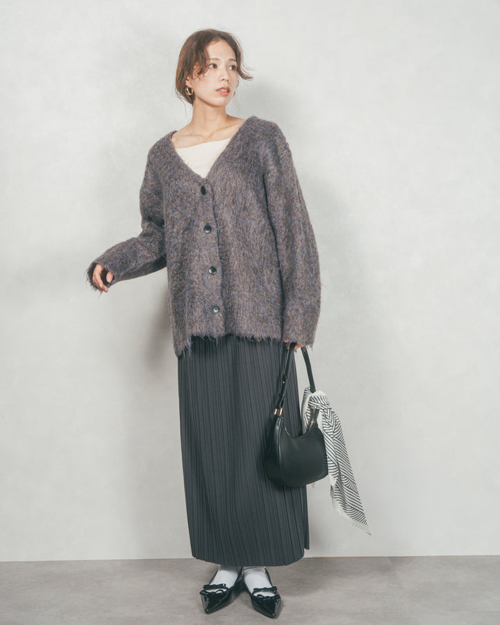 ［SET］Airyフェザー ニットカーディガン+プリーツNarrowロングスカート（2SET）