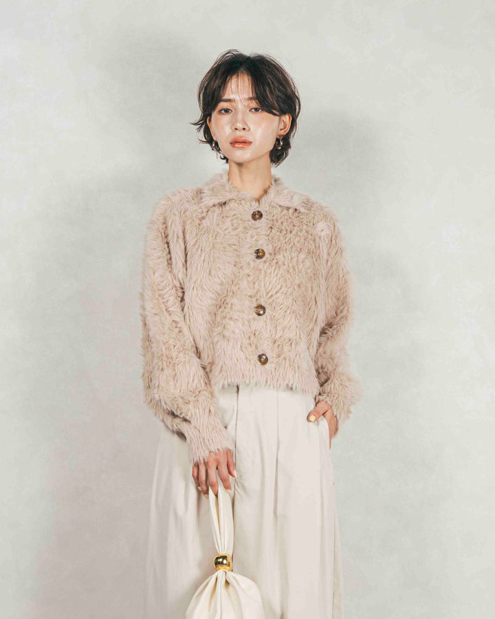 フェザーヤーン 衿付きカーディガン（LIGHT BEIGE）