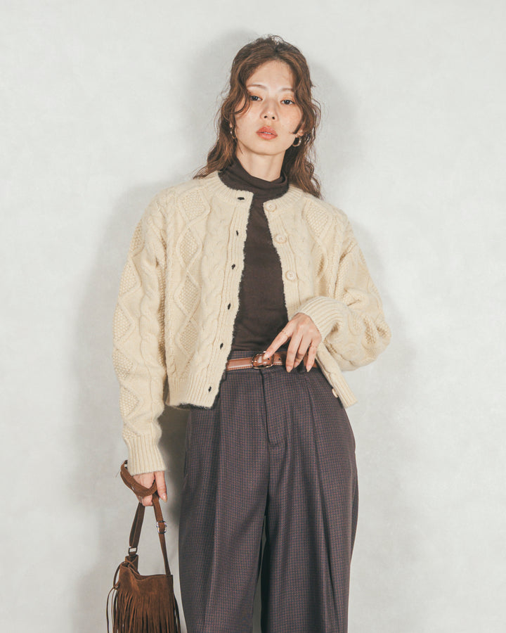 ［SET］ケーブルKnitクルーカーディガン+メランジチェックStraightパンツ（2SET）