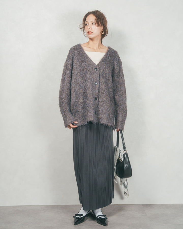 ［SET］Airyフェザー ニットカーディガン+プリーツNarrowロングスカート（2SET）