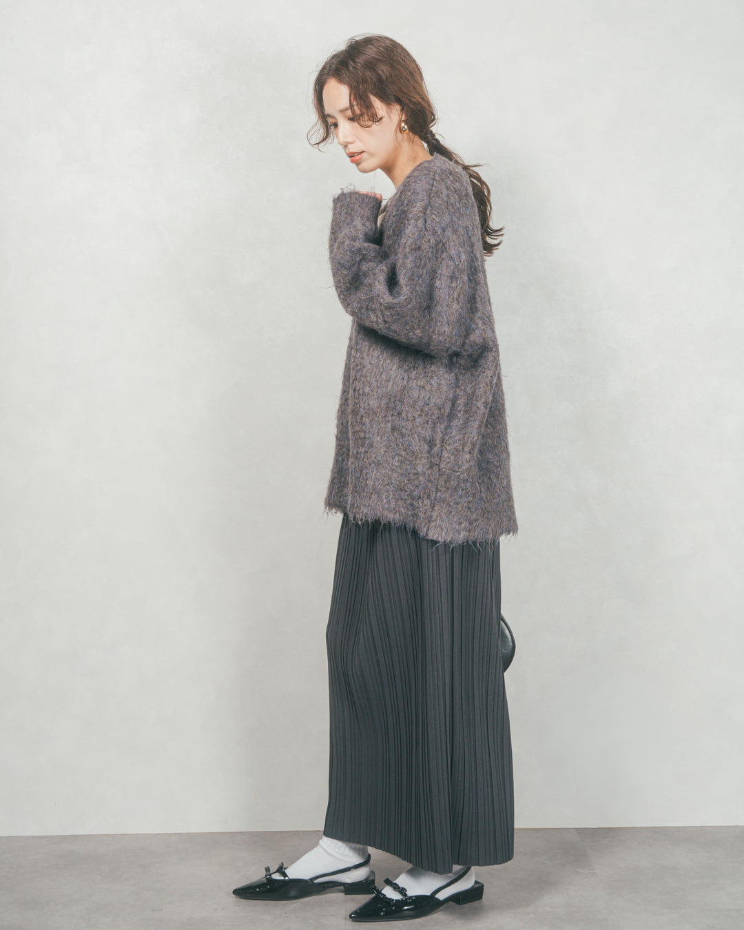 ［SET］Airyフェザー ニットカーディガン+プリーツNarrowロングスカート（2SET）