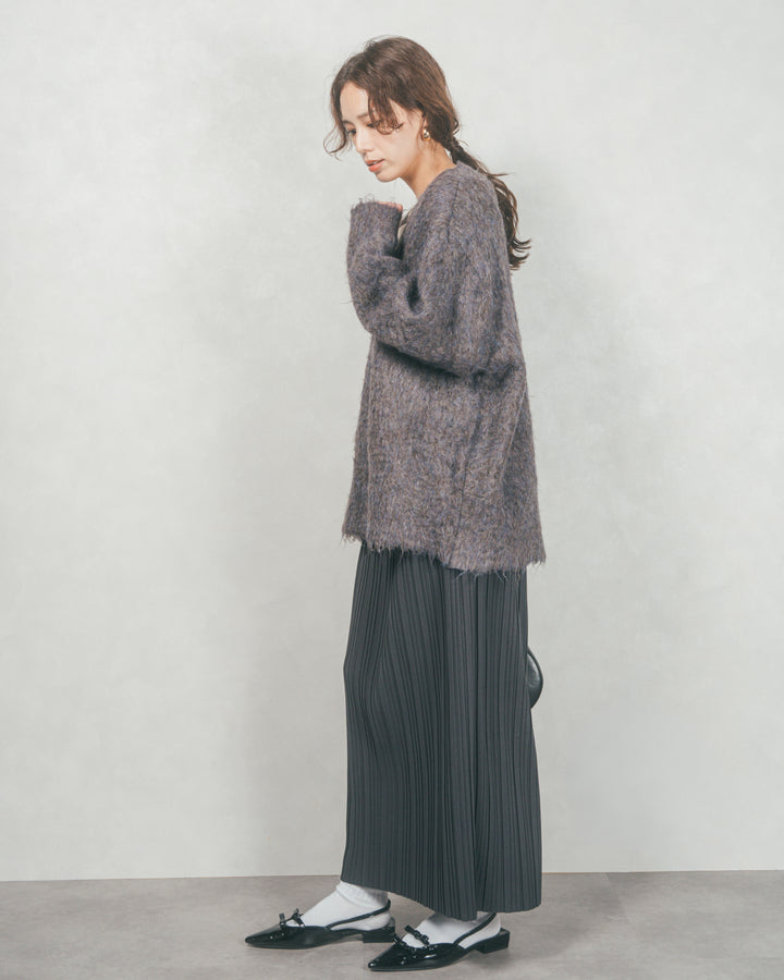 ［SET］Airyフェザー ニットカーディガン+プリーツNarrowロングスカート（2SET）