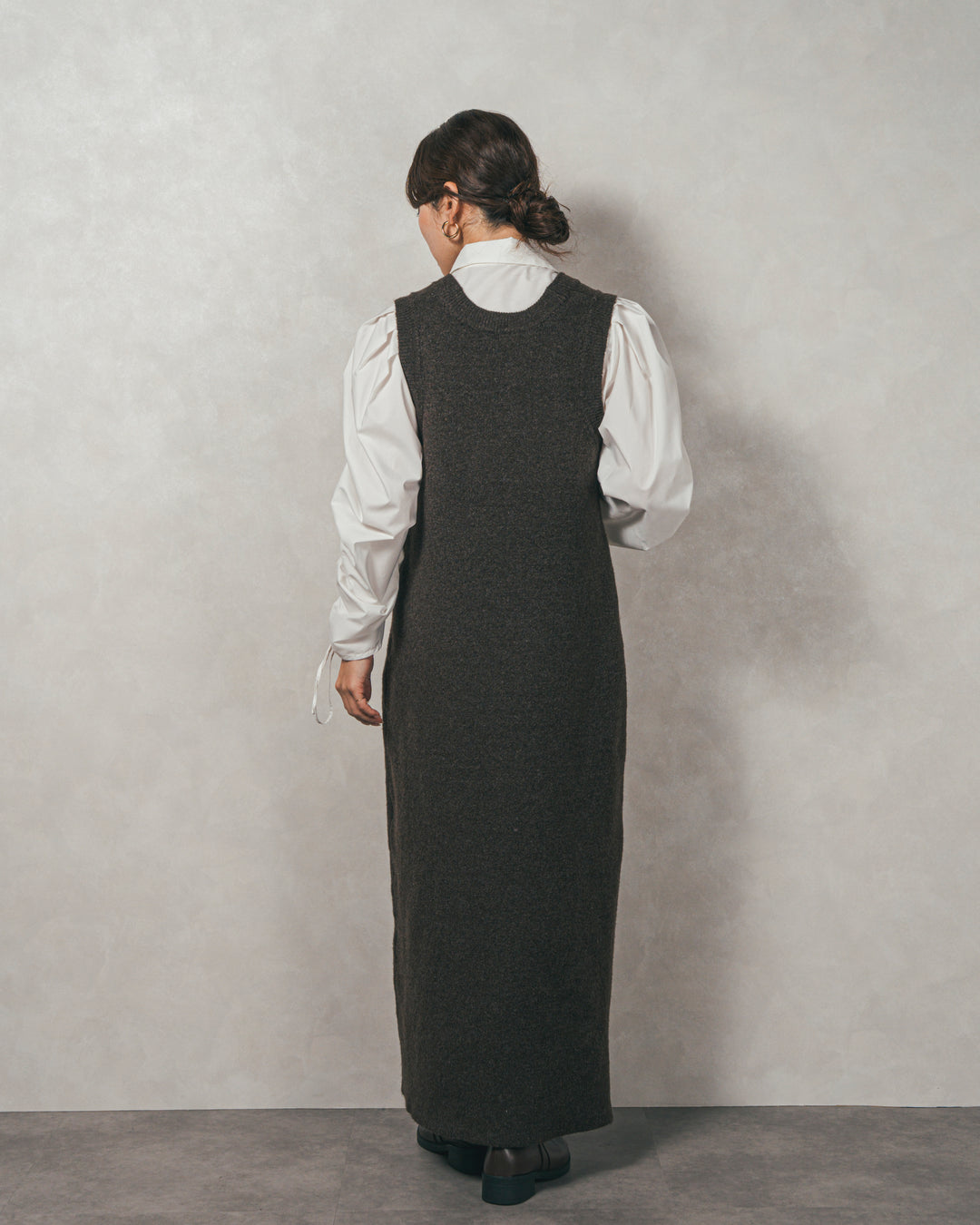 ［SET］ブロード袖ドロストデザインブラウス+メランジKnitロングワンピース（2SET）