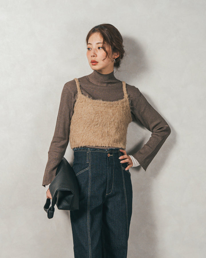 ［SET］袖レイヤードラメリブタートルニット+モヘアタッチKnitビスチェ+センターシーム リラックスカラーデニム（3SET）