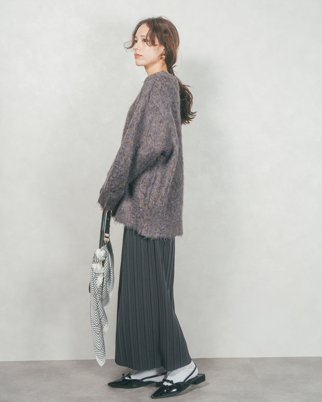 ［SET］Airyフェザー ニットカーディガン+プリーツNarrowロングスカート（2SET）
